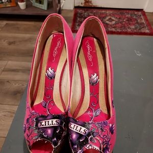 Ed Hardy slip on wedge heel. Size 7, pink work colorful designs